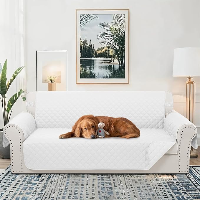 Reversible Sofa Covers Couch Cover Furniture Protector for Dogs Elastic Straps Water Resistant(Sofa,White/White)