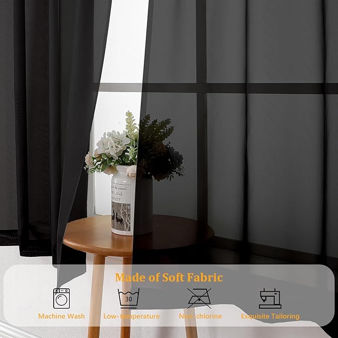 Gwine Black Sheer Curtains 84 Inches Long 2 Panels Set, Light Filtering Sheer Curtains for Living Room Bedroom 59 Inch Extra Wide, Modern Voile Soft Airy Rod Pocket Drapes, 59Wx84L Inch, 2PCS, Black