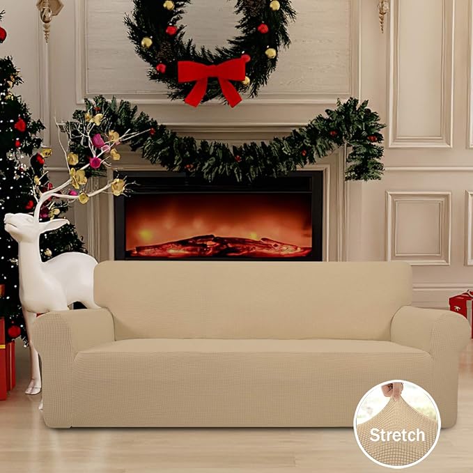 Easy-Going Stretch Sofa Slipcover 1-Piece Sofa Cover Furniture Protector Couch Soft with Elastic Bottom for Kids, Polyester Spandex Jacquard Fabric Small Checks (Sofa, Sand)