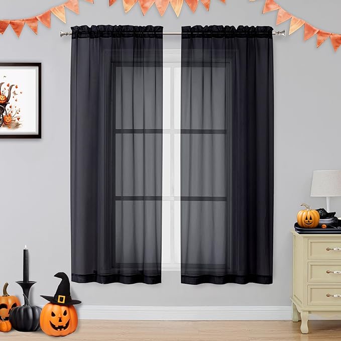 OVZME 2 Panels Sheer Black Curtains 54 Inches Length Window Treatment for Kitchen, Elegant Airy Transparent Curtain Draperies Rod Pocket for Kids Living Room, Each 42 Width 54 Length