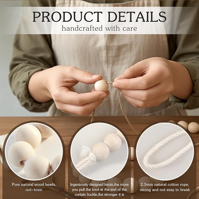 Hion 6 Pcs Boho Curtain Tiebacks,Wood Beads Curtain Holdbacks,Outdoor Farmhouse Tie Backs for Curtains,Curtain Holders for Drapes Home Office Room Decor with Hooks No Drilling(Wood Color)
