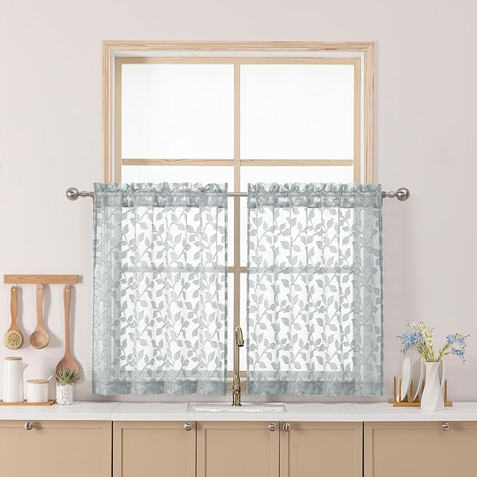 Chyhomenyc Light Grey Sheer Curtains 30 Inch Length, Light Filtering Leaf Tufted Textured Small Window Kitchen Curtain Over Sink, Short Half Window Curtains for Bathroom Basement, 30"Wx30"L, 2 Panels