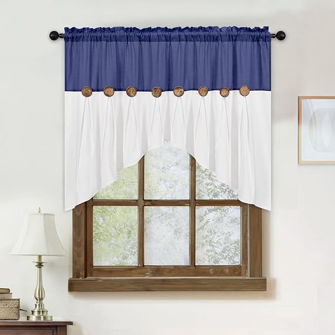 FRAMICS Farmhouse Swag Curtain, Boho Cotton Linen Valance Curtain, Navy Blue Rustic Button Window Valance for Kitchen Bathroom Bedroom, Country Rod Pocket Valances for Windows, 52 x 36 Inch