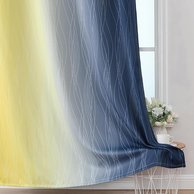 Estelar Textiler Navy Blue and Yellow Blackout Curtains 54 Inch Length, Full Light Blocking Gradient Grommet Drapes for Living Room, Thermal Insulated Ombre Curtains for Bathroom,52Wx54L,2 Panels