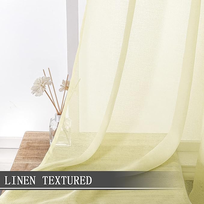 Tollpiz Sheer Tier Curtains Kitchen Linen Textured Half Curtain Sheers Light Filtering Rod Pocket Voile Bathroom Short Curtains for Farmhouse, 25 x 30 inches Long, Transparent Yellow, Set of 2 Panels