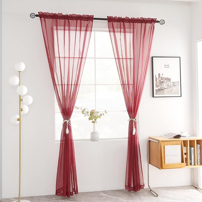 youleyar Solid Sheer Rod Pocket Curtain Voile Draperies 2 Panels White Beige Black Grey Coffee 52 Inch Width 90 Inch Long 1 Pair for Kitchen Bedroom Children Living Room Yard (Wine Red,52Wｘ90L)