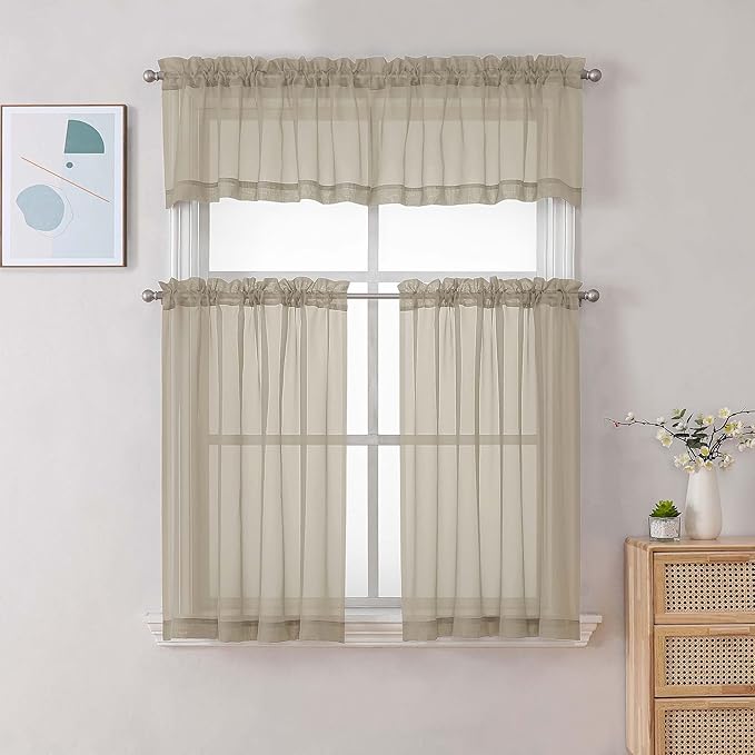 Gwine Taupe Valances for Windows, Small Light Filtering Rod Pocket Cafe Valance Curtains, Soft Sheer Curtain for Bathroom Laundry Basement, 42Wx14L inch, 2 Pieces
