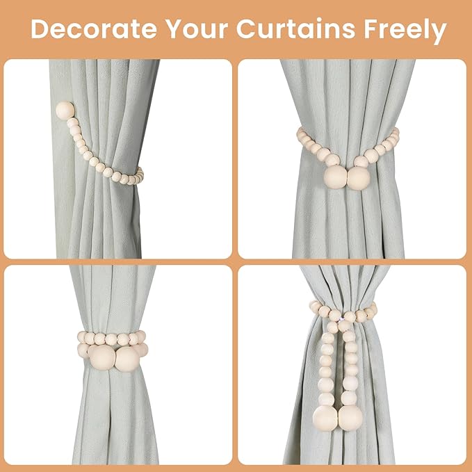 KLOGTSIND Magnetic Curtain Tiebacks, Curtain Tie Backs for Curtains 4 Pack, Wood Bead Curtain Tiebacks, Curtain Holders for Boho Bedroom Decor, Baby Nursery Decor, Farmhouse Decor
