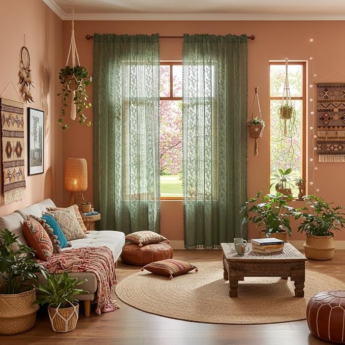 WAZZIO Boho Lace Curtains 2 Panels 72 Inches -Vintage Victorian Sheer Panel Drape French Country Floral Pattern & Tassel Light Filtering Privacy for Bedroom Dining Living Room,Dark Sage Green,W52x L72