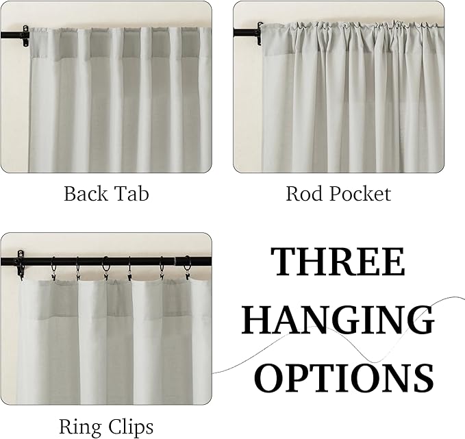 RYB HOME Grey Linen Sheer Curtains & Drapes, Back Tab 95 inches Easy Sliding Farmhouse Boho Rustic Decoration for Dining Room Nursery, W 52 x L95 inches, 2 Panels Set