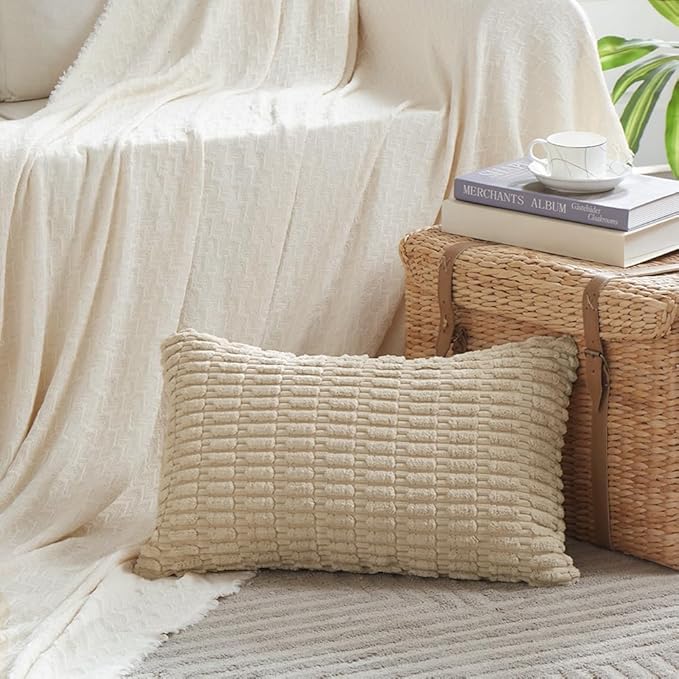 Fancy Homi 4 Packs Tan Decorative Throw Pillow Covers 14x24 Inch for Living Room Couch Bed Sofa, Beige Rustic Farmhouse Boho Home Decor, Soft Plush Striped Corduroy Square Cushion Case 35x60 cm
