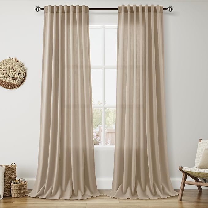 Sepia Beige Linen Curtains 120 Inches Long for Living Room Farmhouse Decor Light Filtering Semi Sheer Curtain Back Tab Neutral Extra Long Floor to Ceiling High Window for Bedroom 52x120, 2 Panels