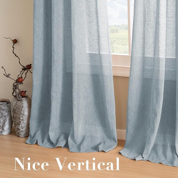 H.VERSAILTEX Linen Semi Sheer Curtains 96 inches Long Pair Set Linen Textured Sheer Curtains Nickel Grommet Window Treatment Panels for Villa/Hall/Parlor, Open Weave - 52" W x 96" L - Teal