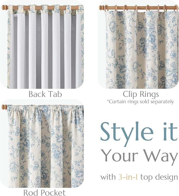 jinchan Blackout Floral Curtains for Living Room Bedroom Linen Blend Curtain Farmhouse Blue Printed with Lined Back Tab Rod Pocket Drapes Window Treatments 2 Panels 90 Inch
