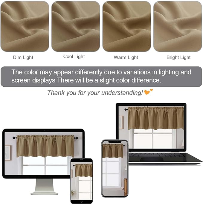 Chyhomenyc Taupe Valances for Window, Room Darkening Short Curtains for Kitchen Bedroom Living Room, Rod Pocket Top Small Window Treatment Valance RV Bunk Panels, 60Wx18L, 2 Pieces