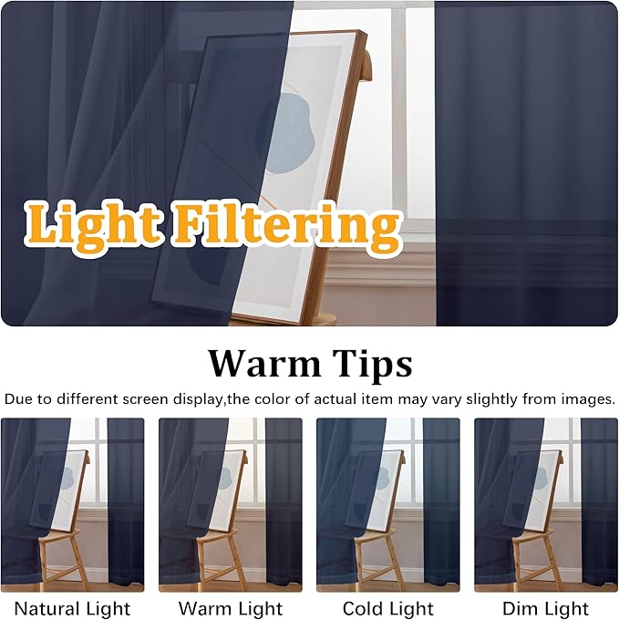 Gwine Navy Blue Sheer Curtains for Bedroom 54 inches Long 2 Panels, Light Filtering Voile Rod Pocket Curtains, Airy Transparent Sheer Drapes for Living Room, Each 42" Wx54 L