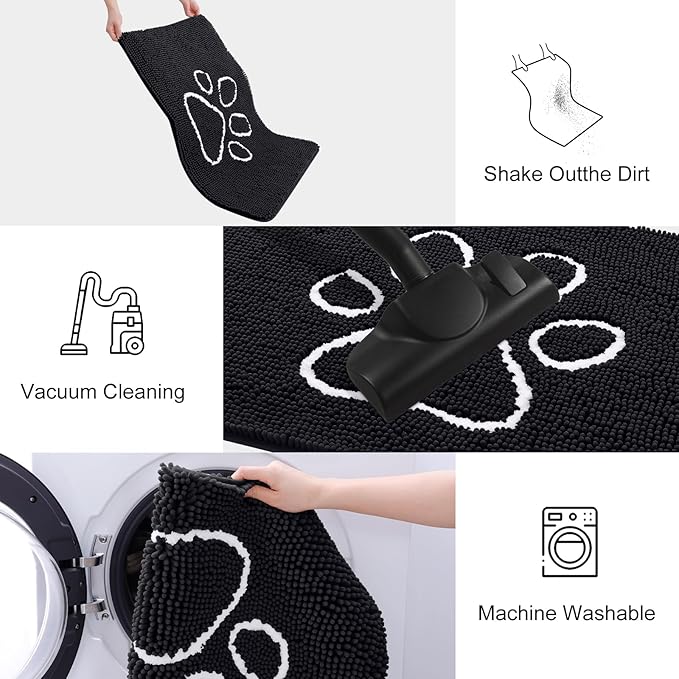 Smiry Dog Door Mat for Muddy Paws, Absorbent Dirt Trapper Non Slip Quick Dry Washable Chenille Mat for Mud Dogs, Entry Rug for Indoor and Outdoor (70x24 Inches, Black and White)