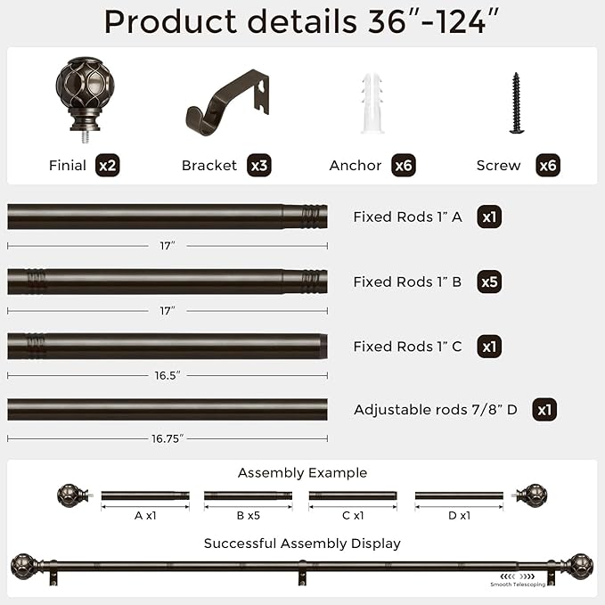 Long Bronze Curtain Rod, Heavy Duty 1 Inch Decorative Curtain Rods for Windows 66 to 120 Inch, Single-Side Adjustable Vintage Rustic Antique Brown Drapery Pole with Netted Texture Finials