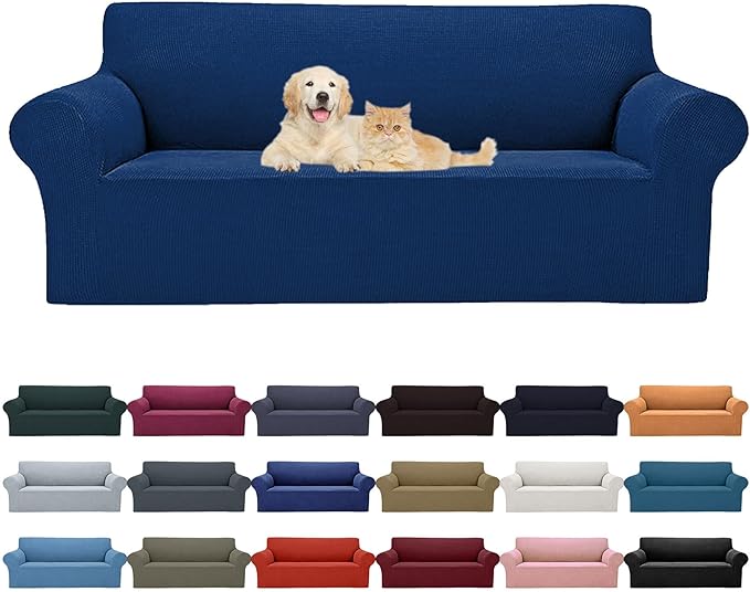 Cupuamon 2026 New Stretch Sofa Slipcovers Couch Cover for 3 Cushion Furniture Protector Sofa Covers with Elastic Bottom Jacquard Fabric Small Checks for Pets, Kids -Sofa, Classic Blue
