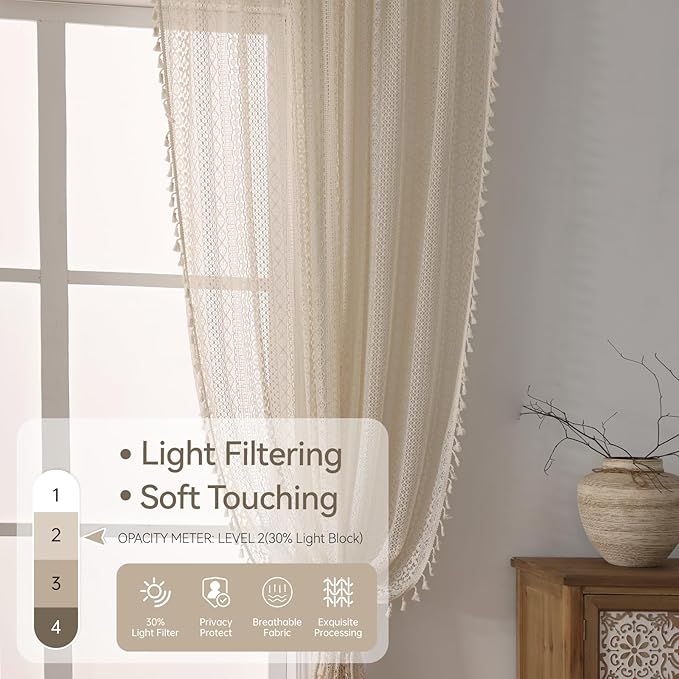 WAZZIO Boho Lace Curtains 45 Inches 2 Panel,Light Filtering Privacy Tassel & Geometry Crochet Semi Sheer Curtain Drapes for Bedroom Living Dining Room,Rod Pocket & Tassel,Vintage French Country,Beige