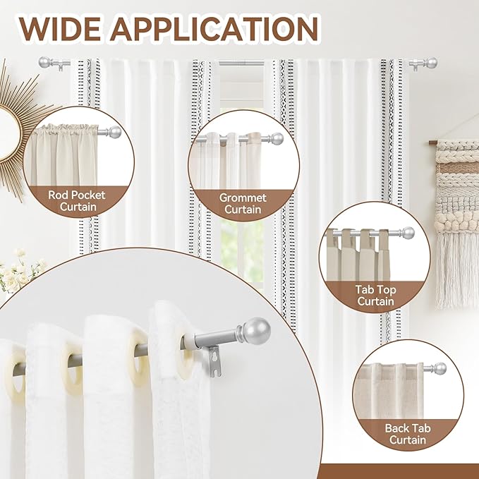 Silver Curtain Rods for Windows 28 to 48 Inch, 2 Pack 5/8 Inch Diameter Adjustable Rods With Brackets, Heavy Duty Easy to Install, Suitable for Bedrooms and Outdoor