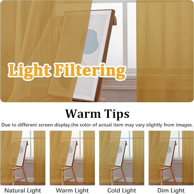 Gwine Gold Sheer Curtains 72 Inches Long 2 Panels Set for Front Door, Light Filtering Sheer Curtains for Living Room, Rod Pocket Window Treatments Drapes, Each 42" Wx72 L