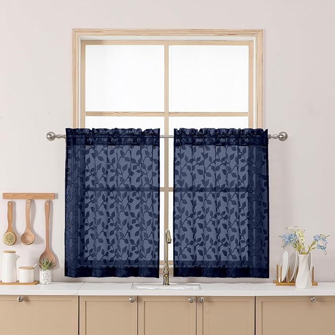 Chyhomenyc Navy Blue Sheer Curtains 30 Inch Length, Light Filtering Leaf Tufted Textured Small Window Kitchen Curtain Over Sink, Short Half Window Curtains for Bathroom Basement, 30" Wx30 L, 2 Panels