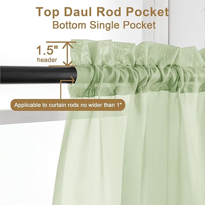 Chyhomenyc Light Green Sheer Valances for Windows 2 Pack, Small Window Curtains for Living Room Bathroom Cafe Laundry Basement, Modern Top Dual Rod Pocket Voile Curtain, 42W x 14L inches