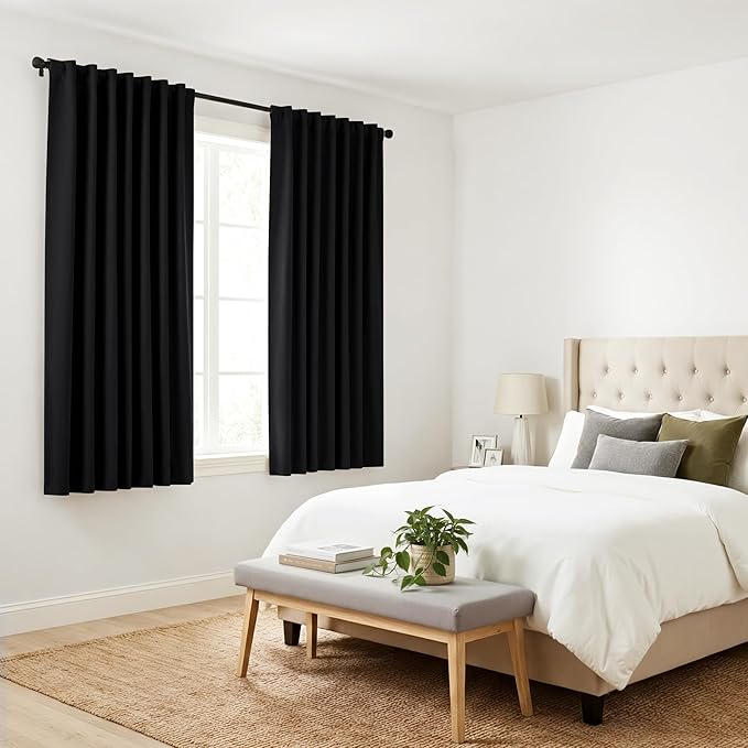 PONY DANCE Blackout Curtains for Bathroom - Solid Light Window Decor for Kitchen/Bedroom,RV Drapes for Camper Windows, 34x45 inch, 2 Curtain Panels, Black