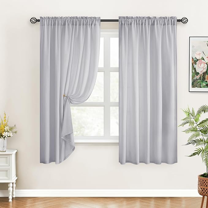 HOMEIDEAS Non-See-Through Light Grey Privacy Sheer Curtains, 52 X 54 Inches Long 2 Panels Sheer Curtains Light Filtering Window Drapes for Bedroom Living Room