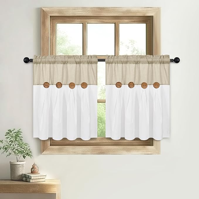 Boho Kitchen Curtains 24 Inch Length, Farmhouse Cotton Linen Tier Curtains, Rustic Button Short Curtain for Windows, Country Cafe Curtain, Rod Pocket Small Window Drapes, Linen and White, 26x24