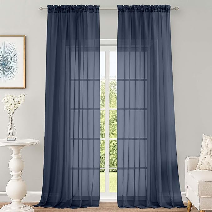 OWENIE Sheer Navy Blue Curtains 108 Inches Long for Living Room Bedroom 2 Panels Set, Lightweight Airy Navy Blue Sheer Curtain, Filmy Voile Rod Pocket, 2 PCS, Each 59" W x 108" L