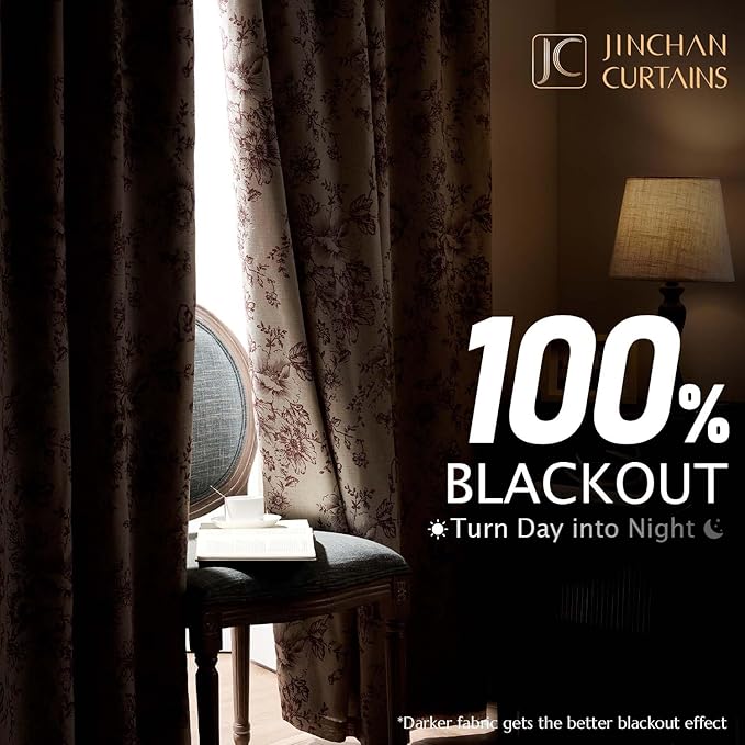 jinchan Blackout Floral Curtains for Living Room Bedroom Linen Blend Curtain Farmhouse Brick Red Printed with Lined Back Tab Rod Pocket Drapes Window Treatments 2 Panels 96 Inch