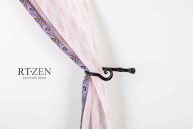 RTZEN Decorative Metal Curtain Tiebacks - Farmhouse Wrought Iron Curtain Holdbacks - Drapery Holders for Wall - Unique Metal Tie Backs for Curtains - 2 Pcs (Black Classic)