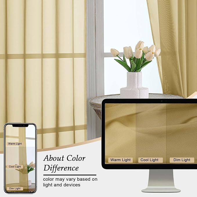 Gold Sheer Curtains for Bedroom Living Room 96 Inches Long 2 Panels, Modern Airy Soft Lightweight Rod Pocket Light Filtering Sheer Curtains Drapes, Gold, Each 59" Wx96 L Inch