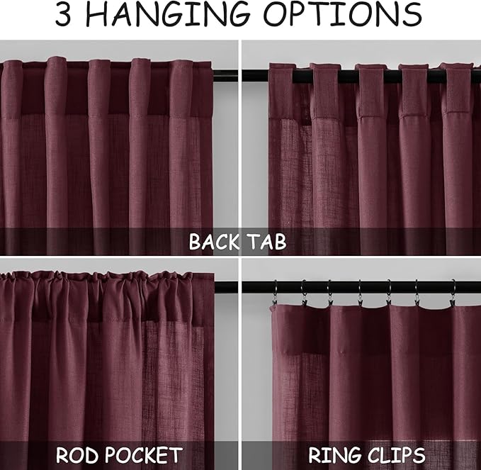 Nanspring Burgundy Linen Curtains for Living Room 98 Inches Long Light Filtering Semi Sheer Curtain Back Tab Vintage Boho Decor Elegant Luxury Drapes for Bedroom Dinner Room 52x98, 2 Panels
