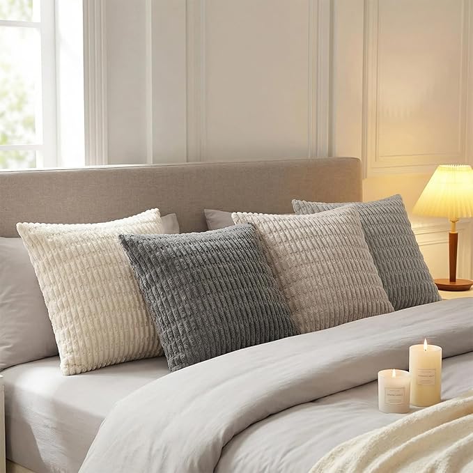 Fancy Homi Set of 4 Grey and White Decorative Throw Pillow Covers 14x14 Inch for Couch Bed Chair, Modern Farmhouse Boho Room Decor, Soft Fuzzy Double Sided Corduroy Textured Striped Cushion Case 35cm