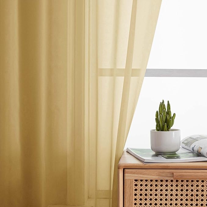 Gold Sheer Curtains for Bedroom Living Room 45 Inch Length 2 Panels, Soft Airy Light Filtering Small Kitchen Window Curtains, Rod Pocket Short Curtain Drapes, Gold, 42" Wx45 L Inches