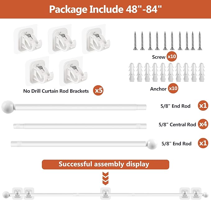 Curtain Rods No Drilling for Windows 48 to 84-96 Inch,5/8 Inch Diameter Drapey Pole with No Drill Curtain Rod Brackets,Renter Friendly Cortineros Para Ventanas with Adhesive Curtain Rod Holder White