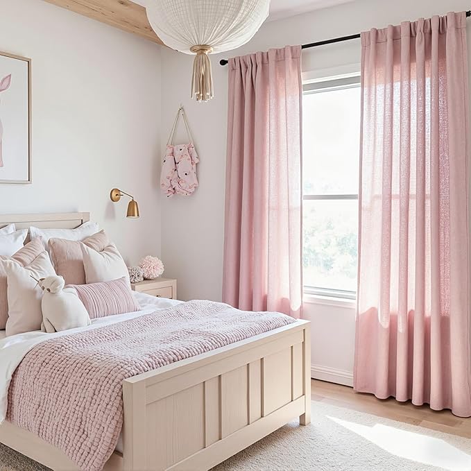 MYSKY HOME Pink Curtains for Girls Bedroom Living Room Semi Sheer Light Filtering Nursery Window Drapes, 90 Inches Length Soft Modern Decor Country Style Back Tab, 50" x 90", Light Pink, 2 Panels