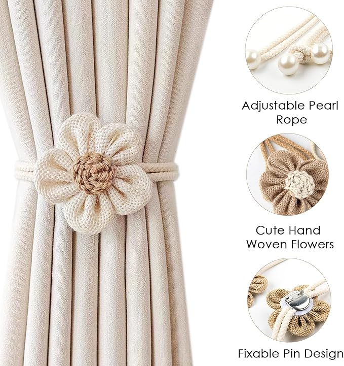 SRG 4pcs Handmade Pearl Curtain Tiebacks Boho Flower Curtain Holdbacks with Buckle Pins Simple Elegant Sunflower Rope Curtain Boho Bedroom Decor（Large Cream&Khaki）