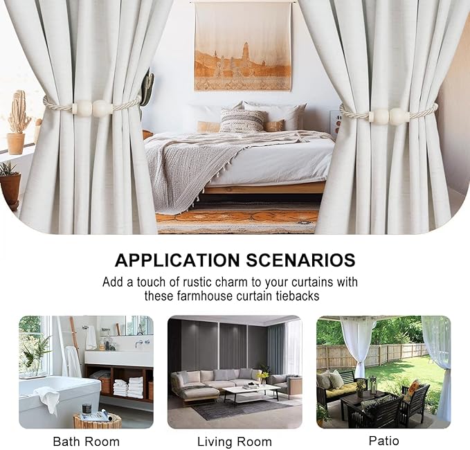 4 Pack Magnetic Curtain Tiebacks Modern Handmade Rope Curtain Tie Backs Decorative Drapes Weave Holdbacks for Home Outdoor Bedroom Office Decorative Curtain, Beige