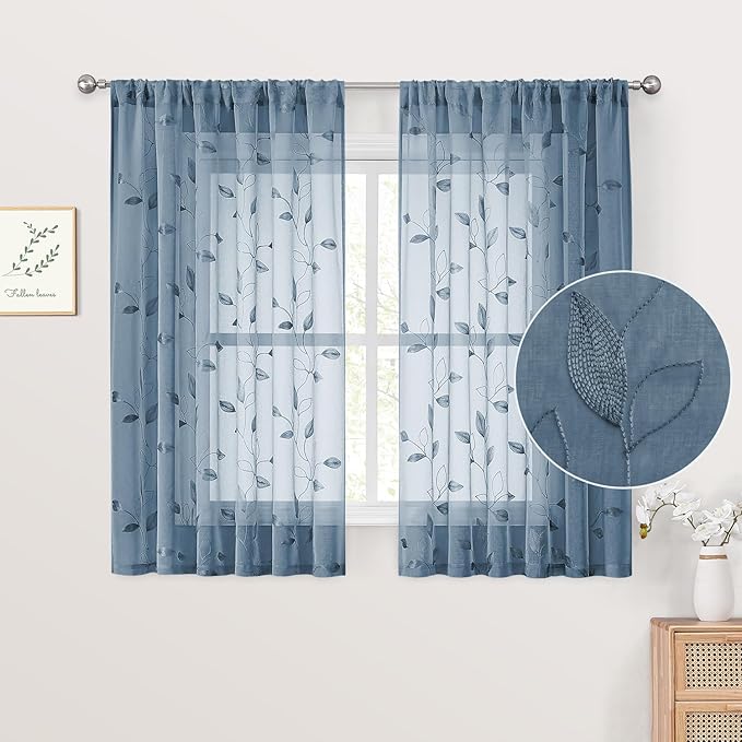 HOMEIDEAS Stone Blue Sheer Kitchen Curtains 52 x 45 Inch Length 2 Panels Embroidered Leaf Pattern Short Curtains for Bedroom Half Small Bathroom Window Rod Pocket Tiers