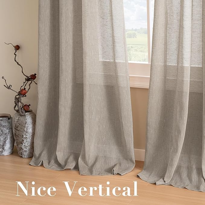 H.VERSAILTEX Linen Curtains Flax Linen Blended Curtain Panels for Living Room/Bedroom Semi Sheer Privacy Curtains 63 inch Length 2 Panels Set Nickel Grommet Window Drapes, Taupe