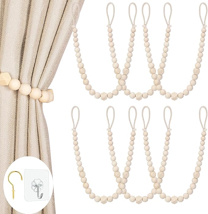 Wood Bead Curtain Tiebacks, KLOGTSIND Set of 6 Curtain Holdbacks for Thin or Thick Window Draperies, Boho Farmhouse Curtain Tiebacks with Hooks, Curtain Tie Backs for Home Office Room Decor