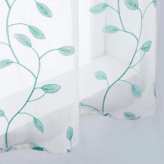 MRTREES Sheer Christmas Curtain Valance, 2 Panels Leaves Embroidered Small Valances Curtains 54x16 Inches, Rod Pocket Short Window Treatment Toppers for Living Room Bedroom Kitchen(Aqua Blue Leaves)