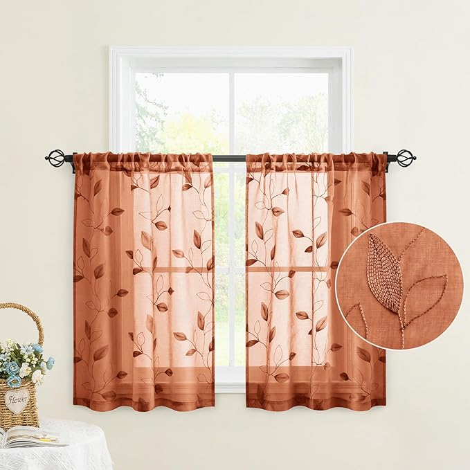 HOMEIDEAS Fall Burnt Orange Sheer Kitchen Curtains 30 X 24 Inch Length 2 Panels Embroidered Leaf Pattern Short Curtains for Small Window Valance Tiers