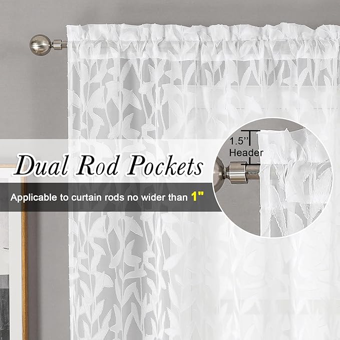 Lecloud Leia Living Room Sheer White Curtains 72 Inches Long, Light Filtering Semi Voile Curtains Jacquard Texture Bedroom Panel, Dual Rod Pockets Leaves Window Drapes for French Door, 38W x 72L