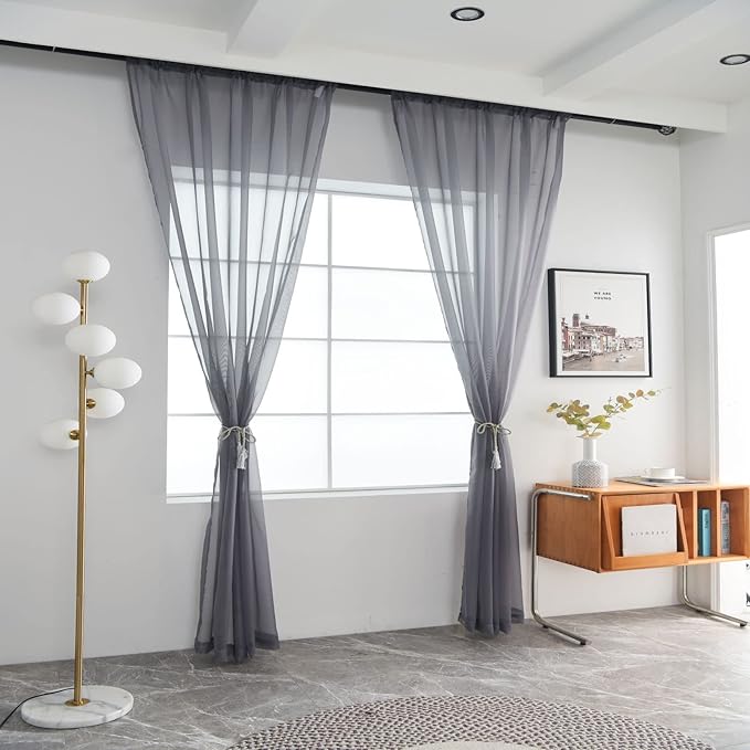 SpaceDresser Sheer Voile Window Treatment Rod Pocket Curtain Panels for Kitchen Bedroom Living Room Drapes Sunlight Filtering Privacy Semi Home Decor Assorted (Grey, 52 W x 128 L)