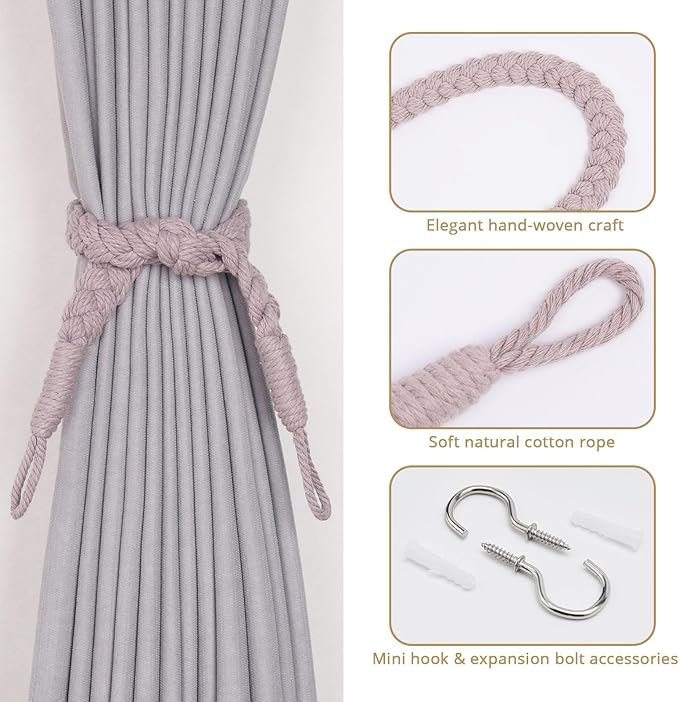NICEEC 2 Pack Natural Cotton Rope Curtain Tiebacks Elegant Boho Style Decorative Drape Tie Backs Soft Hand-Woven Rope Curtain Holdbacks with Metal Hook for Home & Office Drapery (Grayish Purple)